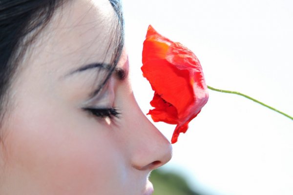 Черноволосая красотка играется с цветами 