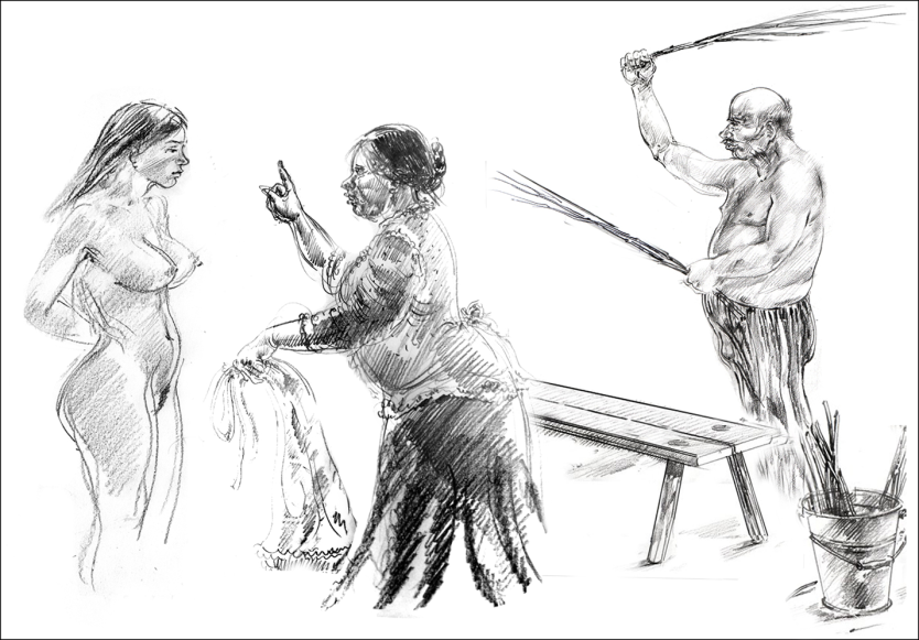 Девушек секут розгами на лавке